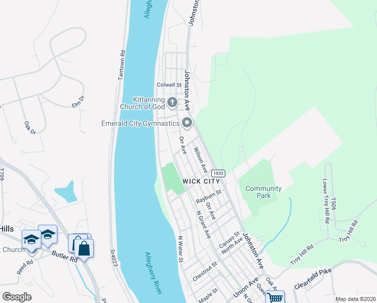 map of restaurants, bars, coffee shops, grocery stores, and more near 1143 Orr Avenue in Kittanning