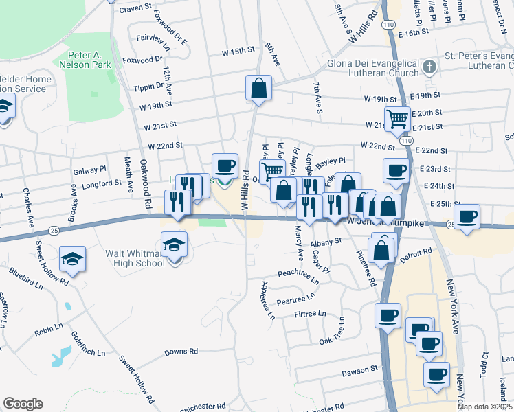 map of restaurants, bars, coffee shops, grocery stores, and more near 300 W Jericho Turnpike in Huntington Station