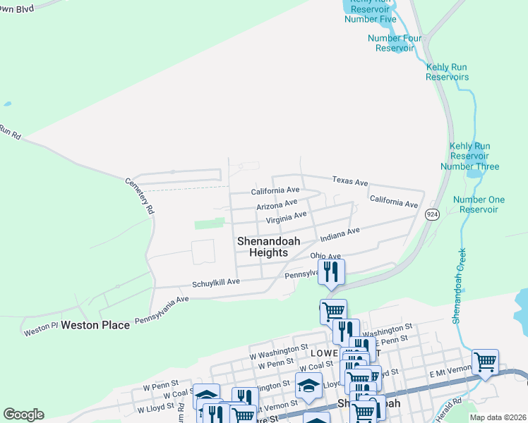 map of restaurants, bars, coffee shops, grocery stores, and more near 232 Virginia Avenue in Shenandoah