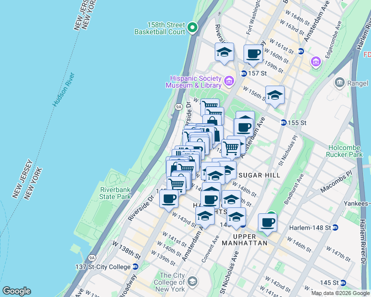 map of restaurants, bars, coffee shops, grocery stores, and more near 618 West 148th Street in New York