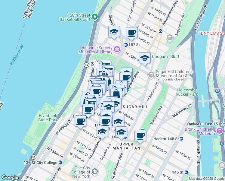 map of restaurants, bars, coffee shops, grocery stores, and more near 537 West 150th Street in New York