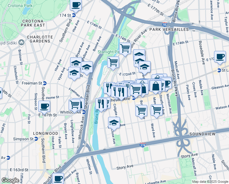 map of restaurants, bars, coffee shops, grocery stores, and more near 1457A Wchester Avenue in Bronx