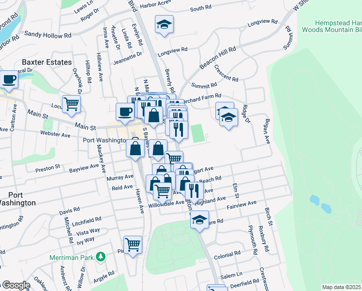 map of restaurants, bars, coffee shops, grocery stores, and more near 787-829 Port Washington Blvd in Port Washington