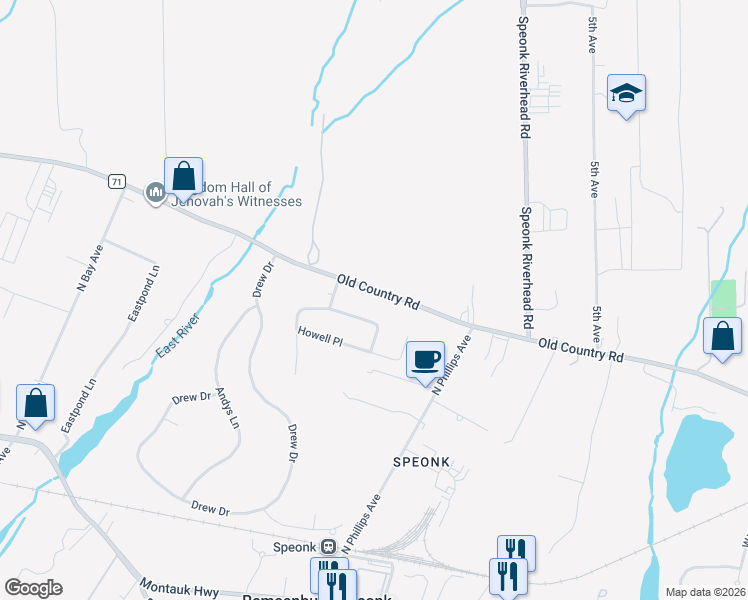 map of restaurants, bars, coffee shops, grocery stores, and more near 27 Howell Place in Center Moriches