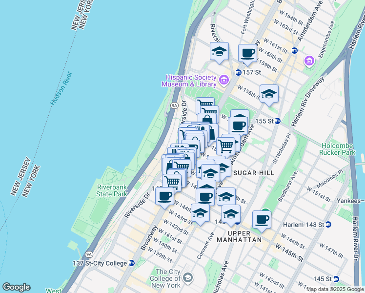 map of restaurants, bars, coffee shops, grocery stores, and more near 618 West 148th Street in New York