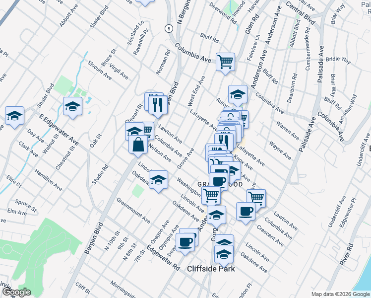 map of restaurants, bars, coffee shops, grocery stores, and more near 447 Lawton Avenue in Cliffside Park