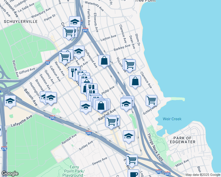 map of restaurants, bars, coffee shops, grocery stores, and more near Hollywood Avenue in Bronx