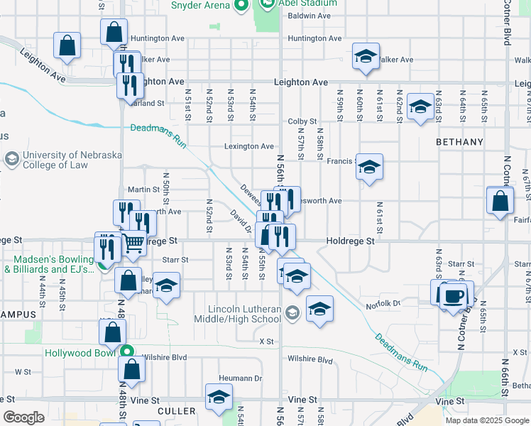 map of restaurants, bars, coffee shops, grocery stores, and more near 1629 Deweese Drive in Lincoln