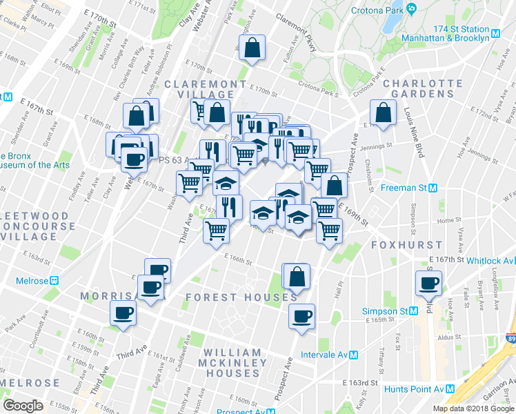 map of restaurants, bars, coffee shops, grocery stores, and more near Boston Road in Bronx