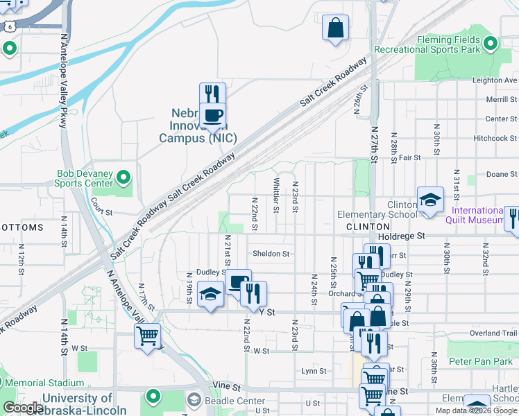 map of restaurants, bars, coffee shops, grocery stores, and more near 1608 North 22nd Street in Lincoln
