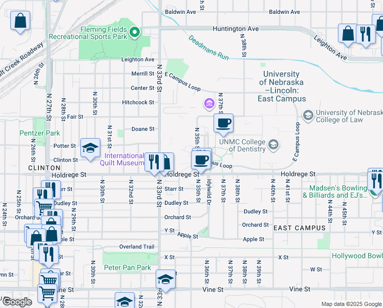 map of restaurants, bars, coffee shops, grocery stores, and more near 1601 North 35th Street in Lincoln