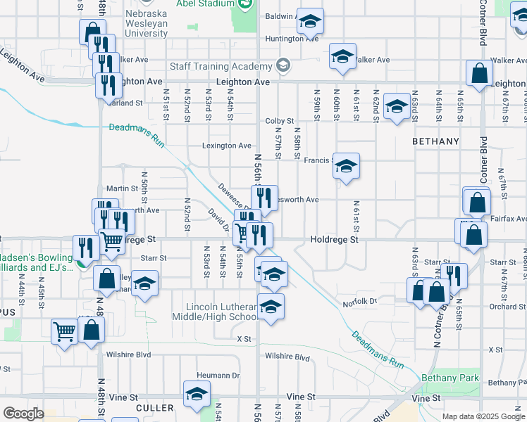 map of restaurants, bars, coffee shops, grocery stores, and more near 1701 North 57th Street in Lincoln