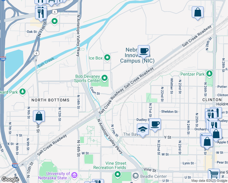 map of restaurants, bars, coffee shops, grocery stores, and more near N 17th St & Court St in Lincoln