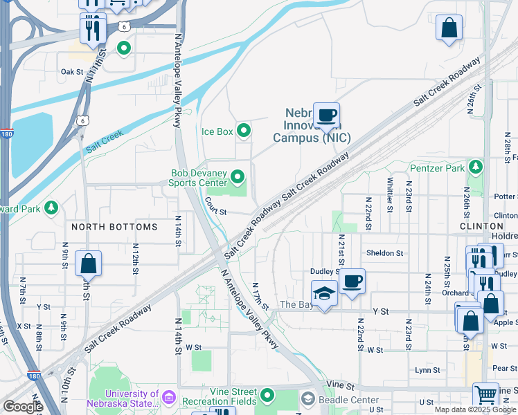 map of restaurants, bars, coffee shops, grocery stores, and more near N 17th St & Court St in Lincoln