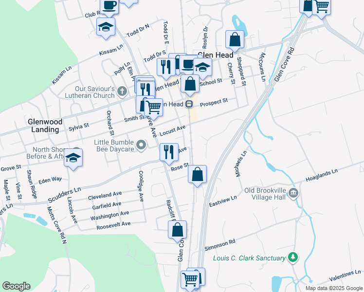 map of restaurants, bars, coffee shops, grocery stores, and more near 28 Oaklawn Avenue in Glen Head