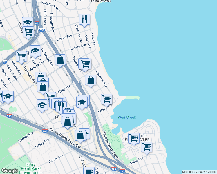map of restaurants, bars, coffee shops, grocery stores, and more near 714 Clarence Avenue in Bronx