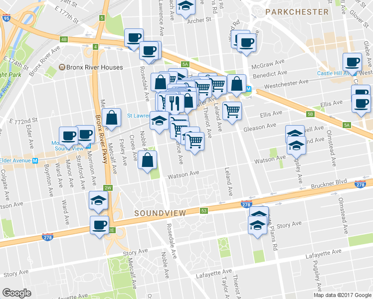 map of restaurants, bars, coffee shops, grocery stores, and more near 1207 Beach Avenue in The Bronx