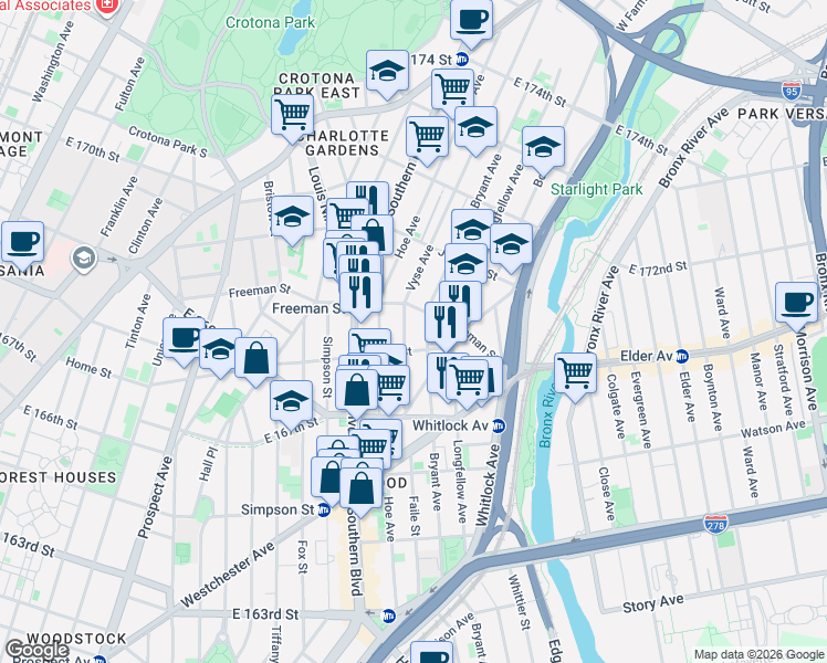 map of restaurants, bars, coffee shops, grocery stores, and more near 1235 Vyse Avenue in Bronx