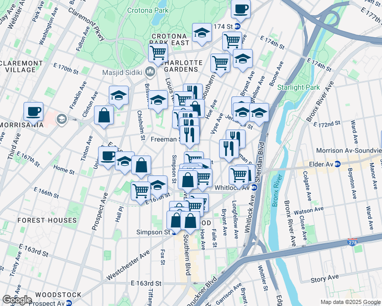 map of restaurants, bars, coffee shops, grocery stores, and more near in The Bronx