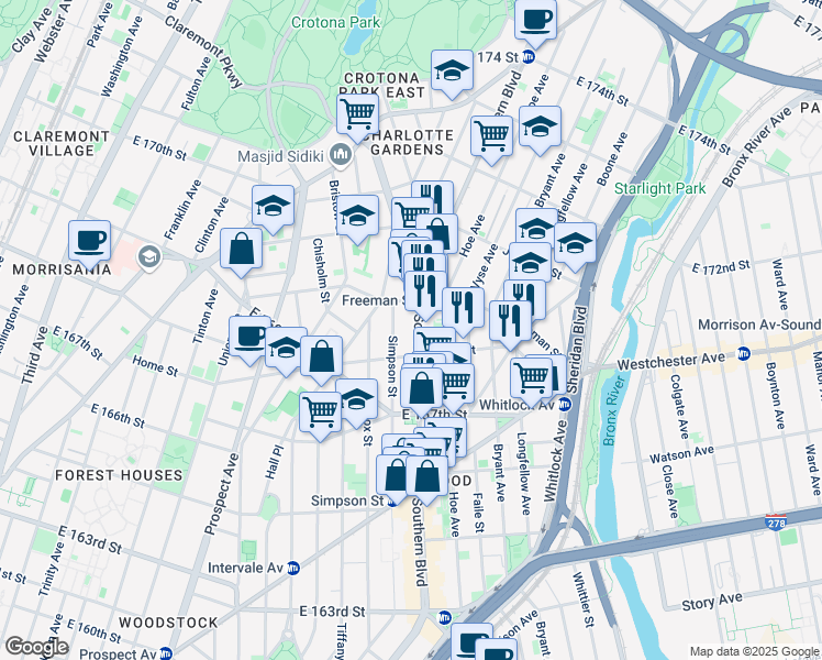 map of restaurants, bars, coffee shops, grocery stores, and more near in The Bronx