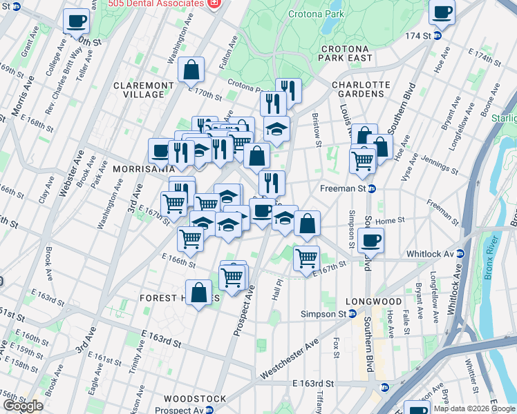 map of restaurants, bars, coffee shops, grocery stores, and more near 786 East 169th Street in Bronx