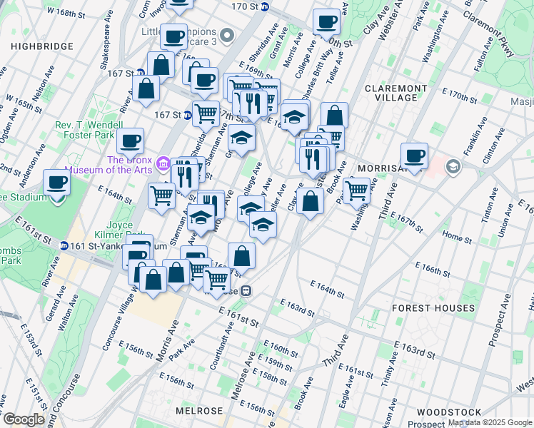 map of restaurants, bars, coffee shops, grocery stores, and more near 318 East 166th Street in The Bronx