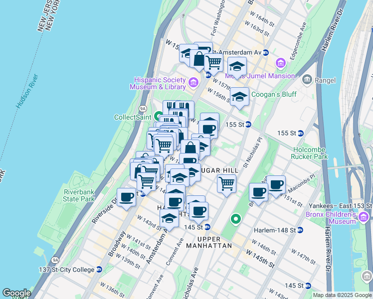 map of restaurants, bars, coffee shops, grocery stores, and more near 569 West 150th Street in New York