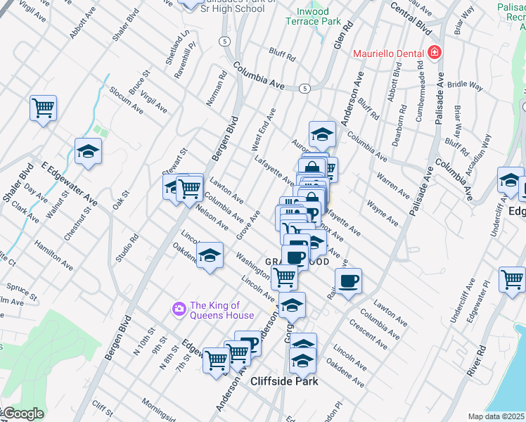 map of restaurants, bars, coffee shops, grocery stores, and more near 704 Grove Avenue in Cliffside Park