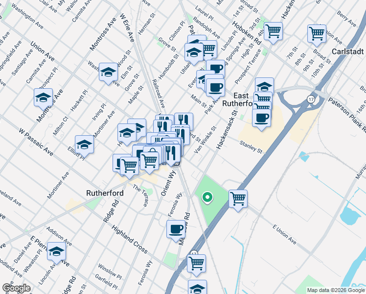 map of restaurants, bars, coffee shops, grocery stores, and more near 227 Park Avenue in East Rutherford