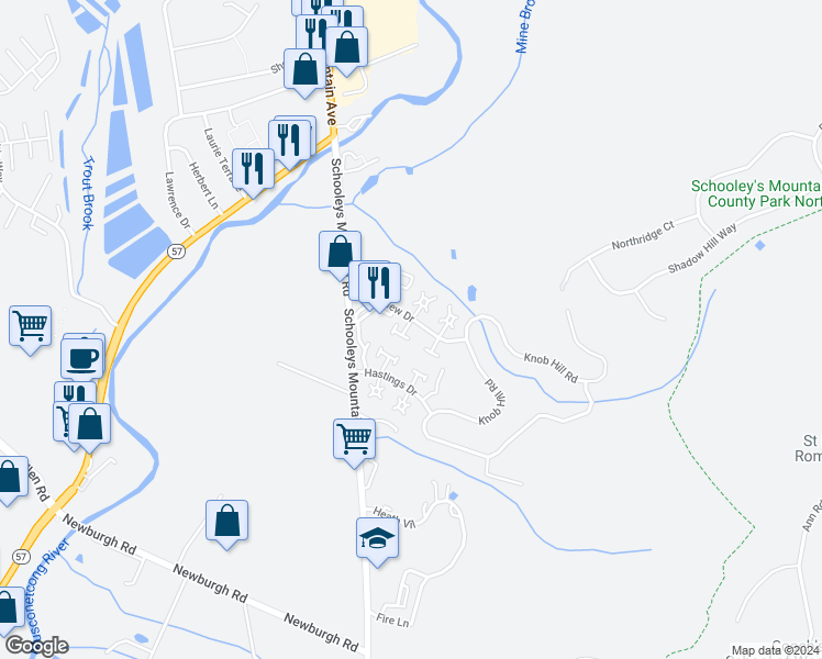 map of restaurants, bars, coffee shops, grocery stores, and more near 3 Delbarton Court in Hackettstown