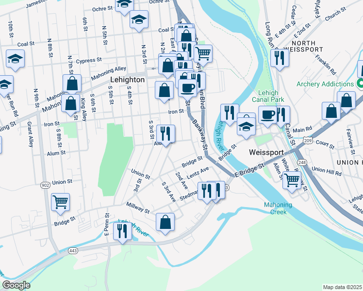 map of restaurants, bars, coffee shops, grocery stores, and more near 267 South 2nd Street in Lehighton