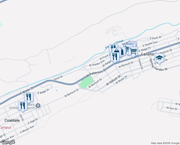map of restaurants, bars, coffee shops, grocery stores, and more near 352 West Snyder Avenue in Lansford