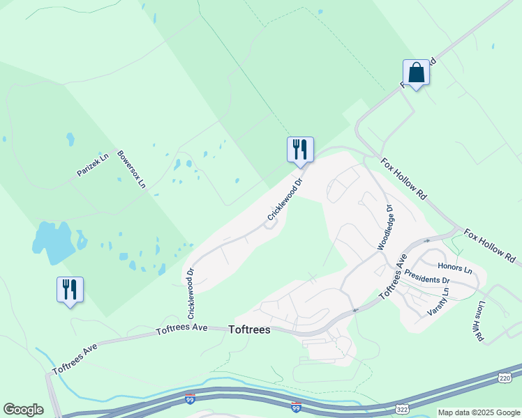 map of restaurants, bars, coffee shops, grocery stores, and more near 701 Cricklewood Drive in State College