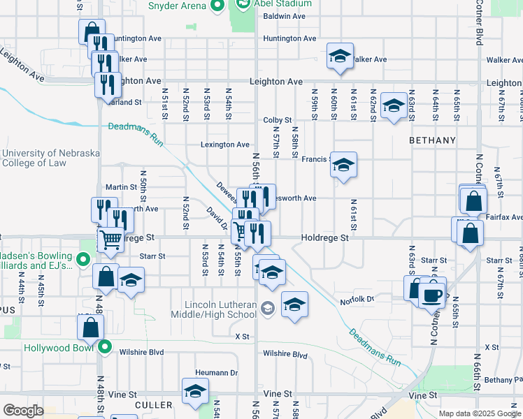 map of restaurants, bars, coffee shops, grocery stores, and more near 1701 North 57th Street in Lincoln