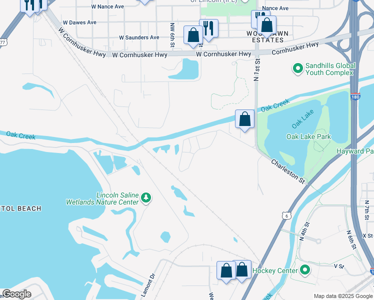 map of restaurants, bars, coffee shops, grocery stores, and more near 299 West Charleston Street in Lincoln