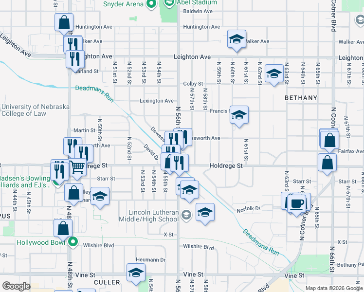 map of restaurants, bars, coffee shops, grocery stores, and more near 1640 North 56th Street in Lincoln