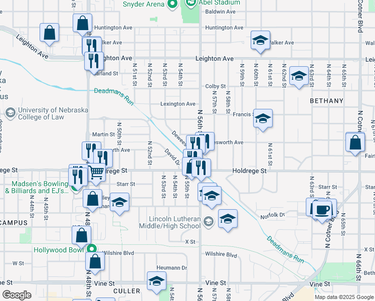 map of restaurants, bars, coffee shops, grocery stores, and more near 1635 Deweese Drive in Lincoln