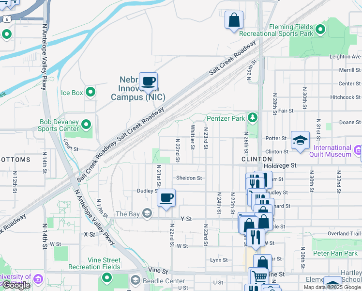 map of restaurants, bars, coffee shops, grocery stores, and more near 1610 North 22nd Street in Lincoln