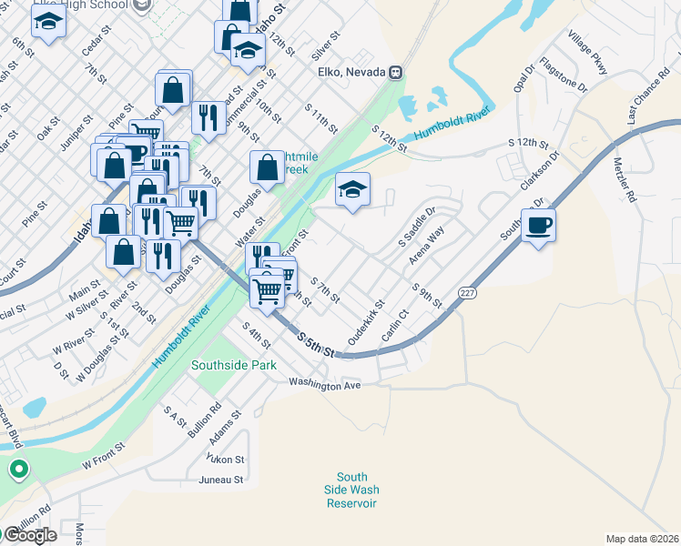 map of restaurants, bars, coffee shops, grocery stores, and more near 460 South 9th Street in Elko