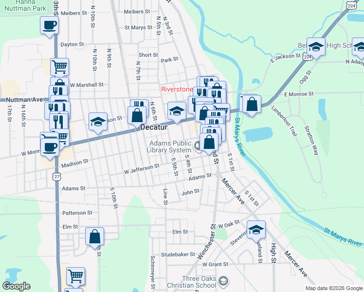 map of restaurants, bars, coffee shops, grocery stores, and more near 414 Madison Street in Decatur
