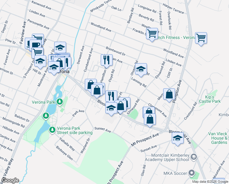 map of restaurants, bars, coffee shops, grocery stores, and more near 13 Floyd Road in Verona