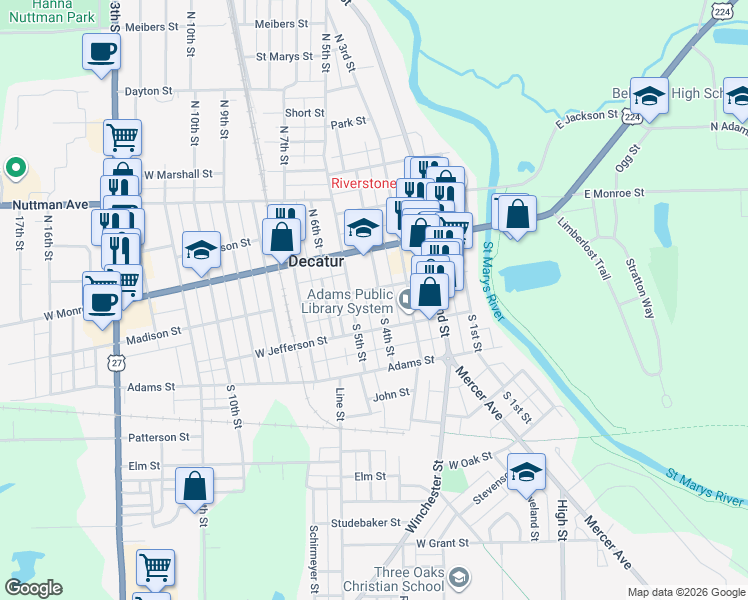 map of restaurants, bars, coffee shops, grocery stores, and more near 414 Madison Street in Decatur