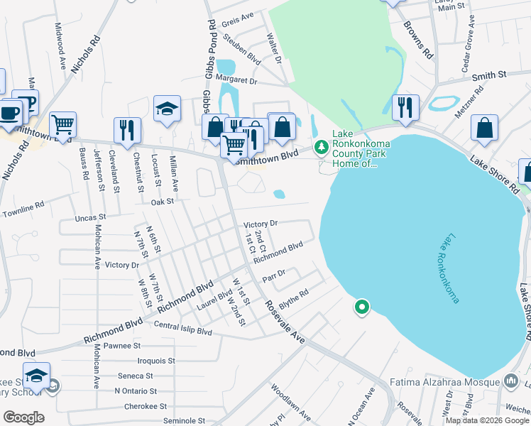 map of restaurants, bars, coffee shops, grocery stores, and more near 27 Park Circle in Nesconset