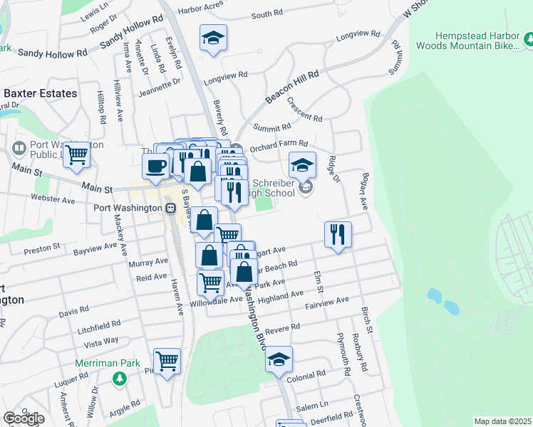 map of restaurants, bars, coffee shops, grocery stores, and more near 101 Campus Drive in Port Washington