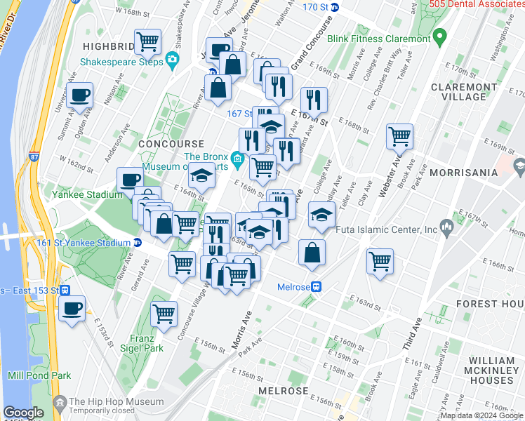 map of restaurants, bars, coffee shops, grocery stores, and more near 214 East 165th Street in Bronx