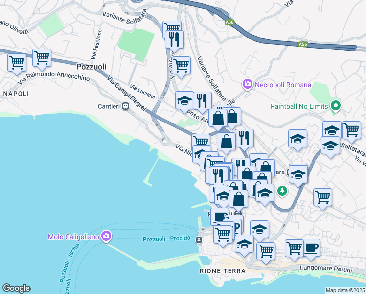 map of restaurants, bars, coffee shops, grocery stores, and more near Via Campi Flegrei in Pozzuoli