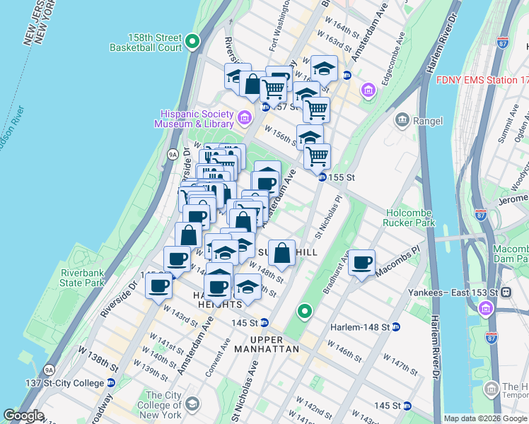 map of restaurants, bars, coffee shops, grocery stores, and more near 520 West 152nd Street in New York