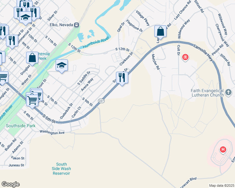 map of restaurants, bars, coffee shops, grocery stores, and more near 1250 Lamoille Hwy in Elko