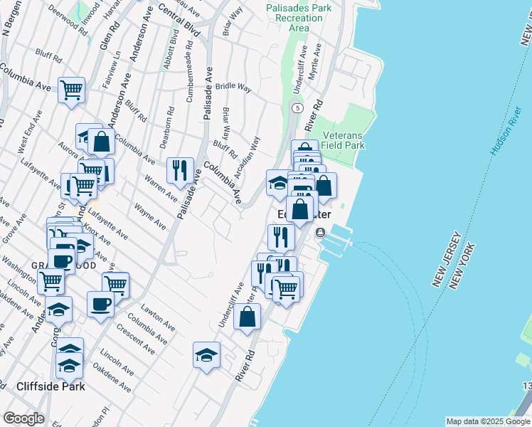 map of restaurants, bars, coffee shops, grocery stores, and more near 39 Bluff Road in Fort Lee