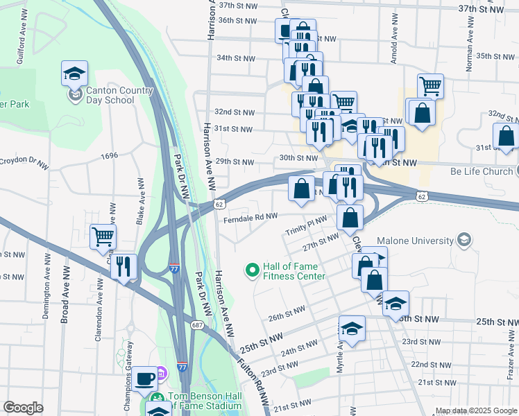 map of restaurants, bars, coffee shops, grocery stores, and more near 1816 28th Street Northwest in Canton